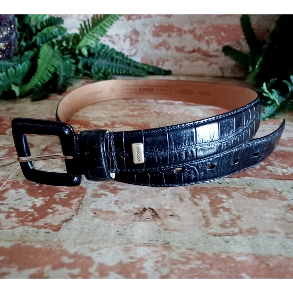 Fossil Black Croc Embossed Leather Belt